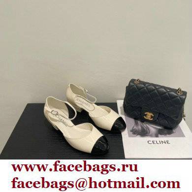 Chanel Heel 3cm Open Shoes G38571 Patent White/Black 2022 - Click Image to Close