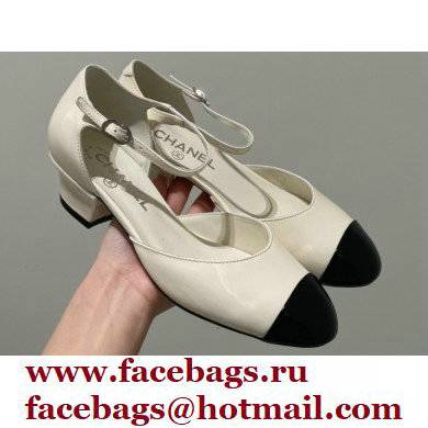 Chanel Heel 3cm Open Shoes G38571 Patent White/Black 2022 - Click Image to Close
