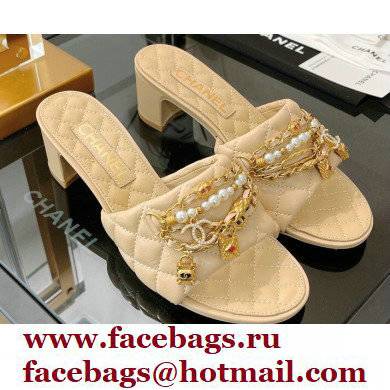 Chanel Heel 5cm Chain Lambskin and Jewelry Mules Beige 2022 - Click Image to Close