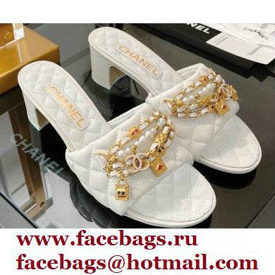 Chanel Heel 5cm Chain Lambskin and Jewelry Mules White 2022 - Click Image to Close