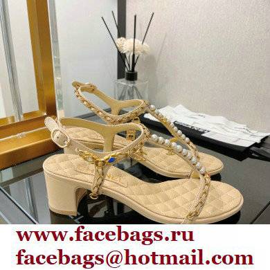 Chanel Heel 5cm Chain Lambskin and Jewelry Sandals Beige 2022