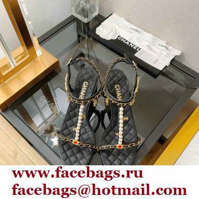 Chanel Heel 5cm Chain Lambskin and Jewelry Sandals Black 2022 - Click Image to Close