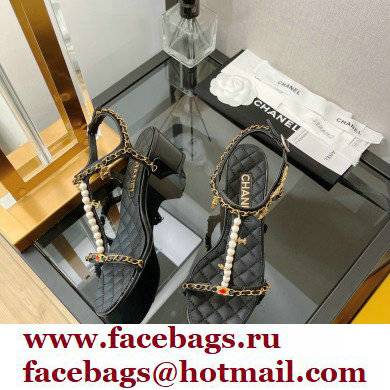 Chanel Heel 5cm Chain Lambskin and Jewelry Sandals Black 2022