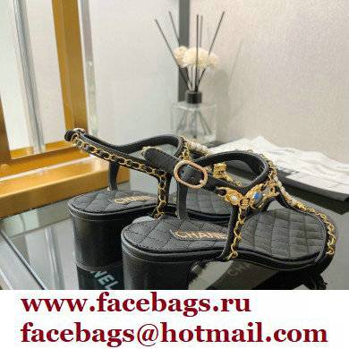 Chanel Heel 5cm Chain Lambskin and Jewelry Sandals Black 2022