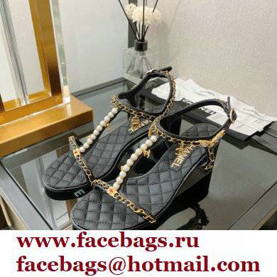 Chanel Heel 5cm Chain Lambskin and Jewelry Sandals Black 2022 - Click Image to Close