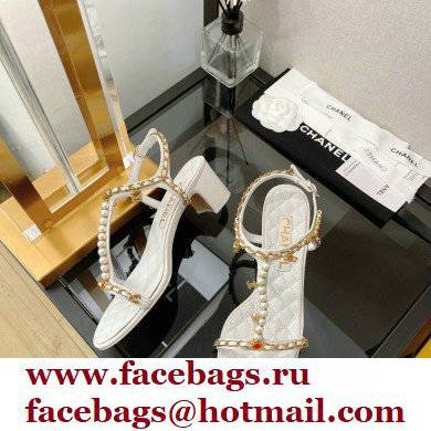 Chanel Heel 5cm Chain Lambskin and Jewelry Sandals White 2022