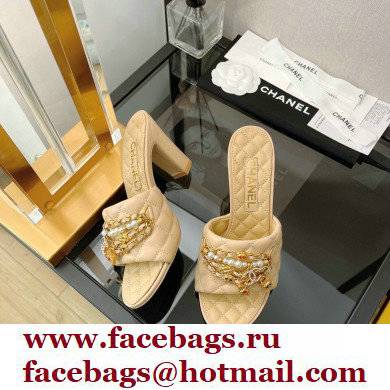 Chanel Heel 8.5cm Chain Lambskin and Jewelry Mules Beige 2022