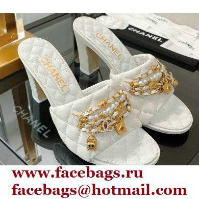 Chanel Heel 8.5cm Chain Lambskin and Jewelry Mules White 2022 - Click Image to Close