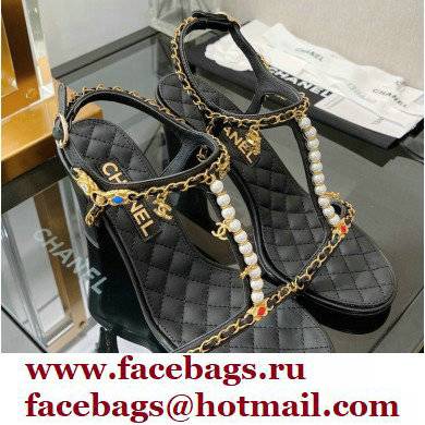 Chanel Heel 8.5cm Chain Lambskin and Jewelry Sandals Black 2022