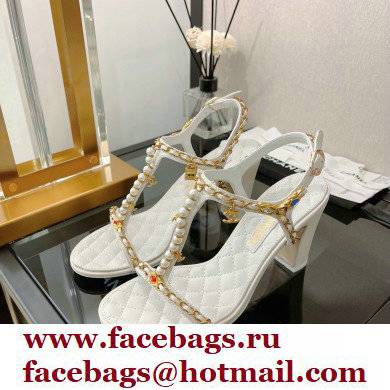 Chanel Heel 8.5cm Chain Lambskin and Jewelry Sandals White 2022 - Click Image to Close