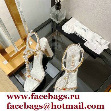 Chanel Heel 8.5cm Chain Lambskin and Jewelry Sandals White 2022 - Click Image to Close