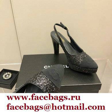 Chanel Heel Platform Slingbacks Glitter Black 2022