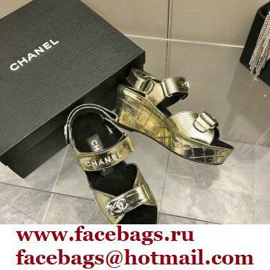 Chanel Logo Wedge Platform Sandals Gold 2022