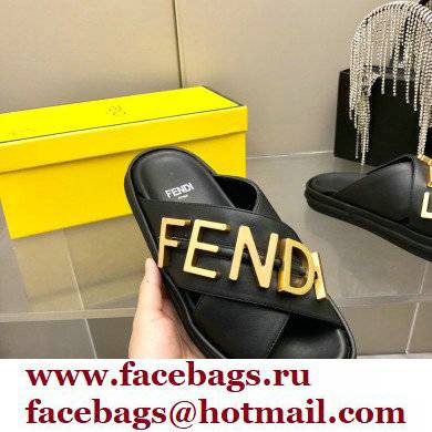 Fendi Fendigraphy Leather Slides Black 2022 - Click Image to Close