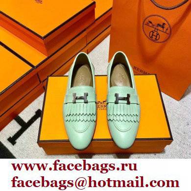 Hermes Leather royal Loafers with fringe mint green