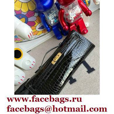 Hermes black Kelly Cut 31cm porosus shiny Leather Clutch Gold/Silver Hardware - Click Image to Close