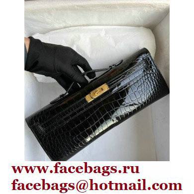 Hermes black Kelly Cut 31cm porosus shiny Leather Clutch Gold/Silver Hardware