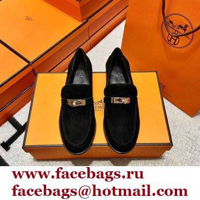 Hermes suede Leather kelly Loafers BLACK