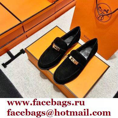 Hermes suede Leather kelly Loafers BLACK