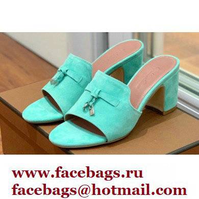 Loro Piana Heel 8cm Suede Goatskin Summer Charms Sandals Turquoise Green