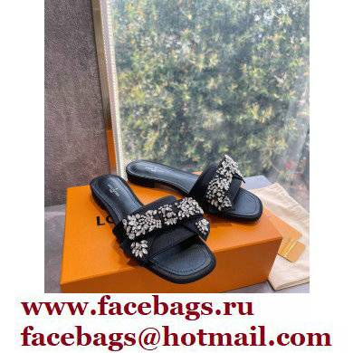 Louis Vuitton Crystal Bow Diva Flat Mules Embroidered Satin Black 2022