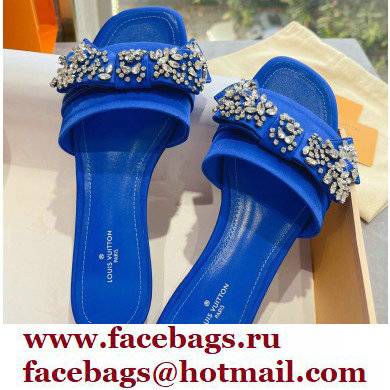 Louis Vuitton Crystal Bow Diva Flat Mules Embroidered Satin Blue 2022