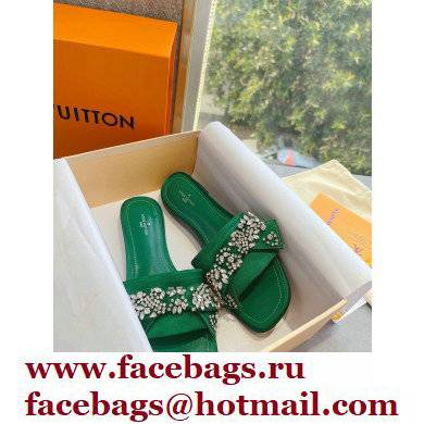 Louis Vuitton Crystal Bow Diva Flat Mules Embroidered Satin Green 2022