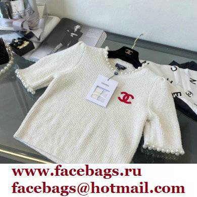 chanel logo printed KNITTED T-shirt WHITE 2022 - Click Image to Close