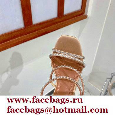 Amina Muaddi Heel 9.5cm Crystals Naima Sandals Satin Nude 2022 - Click Image to Close