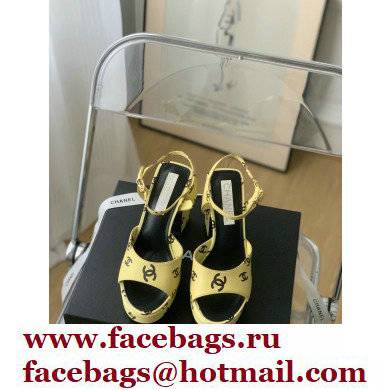 Chanel heel 10.5cm Logo Printed Lambskin Sandals G38958 Beige 2022 - Click Image to Close
