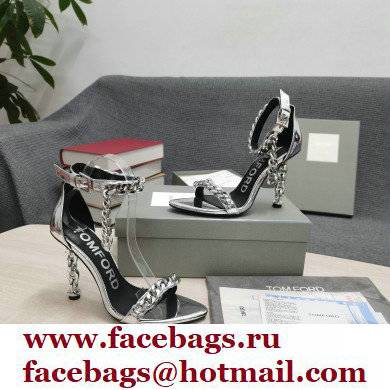 Tom Ford Heel 10.5cm Leather Chain Ankle Strap Sandals Mirror Silver 2022