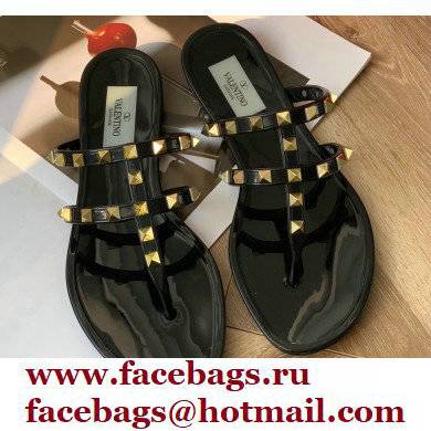 Valentino Rockstud Flat Rubber Thong Slide Sandals Black - Click Image to Close