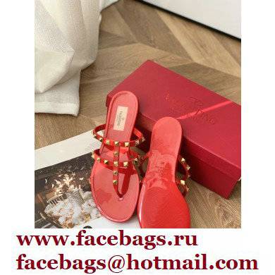 Valentino Rockstud Flat Rubber Thong Slide Sandals Red