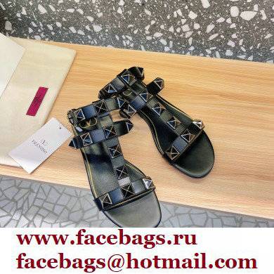 Valentino Roman Stud Flat Sandals With Enameled Studs Black 2022