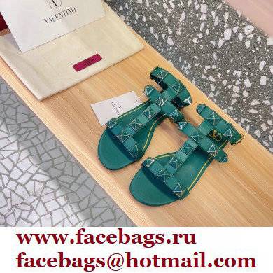 Valentino Roman Stud Flat Sandals With Enameled Studs Green 2022 - Click Image to Close