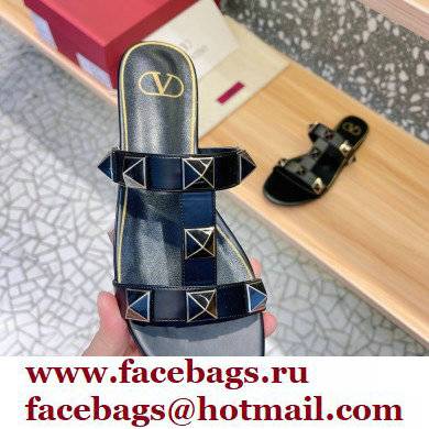 Valentino Roman Stud Flat Slide Sandals With Enameled Studs Black 2022