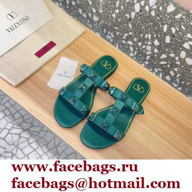 Valentino Roman Stud Flat Slide Sandals With Enameled Studs Green 2022 - Click Image to Close