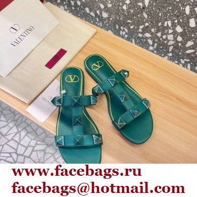 Valentino Roman Stud Flat Slide Sandals With Enameled Studs Green 2022 - Click Image to Close