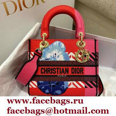 dior Bright Pink Multicolor D-Flower Pop Embroidery Medium Lady D-Lite Bag Bag - Click Image to Close