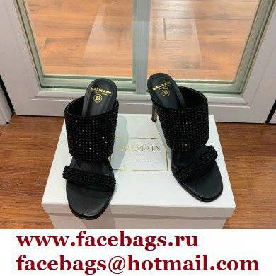 Balmain Heel 10.5cm Suede Crystal Mules All Black 2022