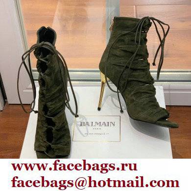 Balmain Heel 10.5cm Suede Scarlet lace-up Ankle Boots Army Green 2022