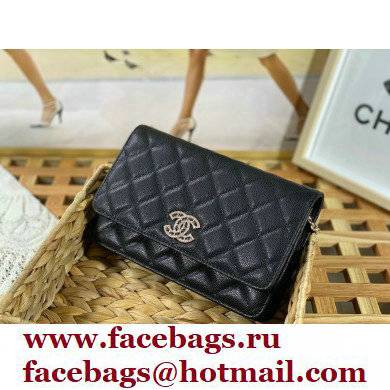 Chanel Crystal CC Logo Wallet on Chain WOC Bag in Grained Calfskin Black 2022 - Click Image to Close