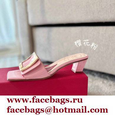 Roger Vivier Heel 4.5cm Love Metal Buckle Mules in Patent Leather Pink - Click Image to Close