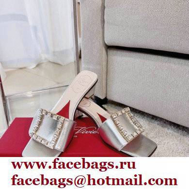 Roger Vivier Heel 4.5cm Love Rhinestone Buckle Mules Silver - Click Image to Close