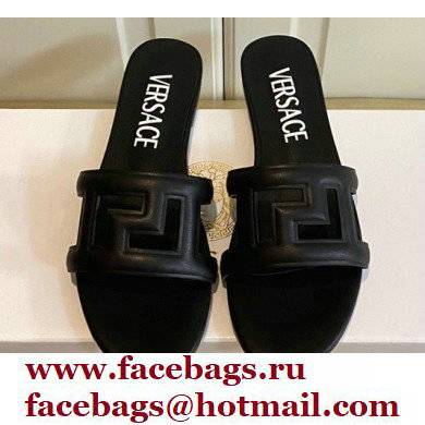 Versace Greca Maze Calfskin Flat Sandals Black 2022 - Click Image to Close