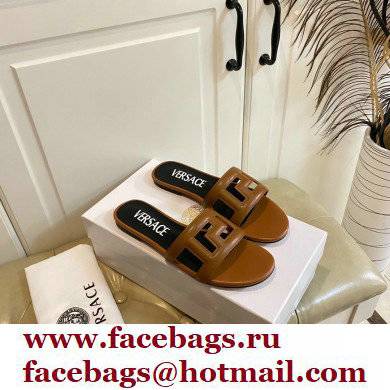 Versace Greca Maze Calfskin Flat Sandals Brown 2022 - Click Image to Close