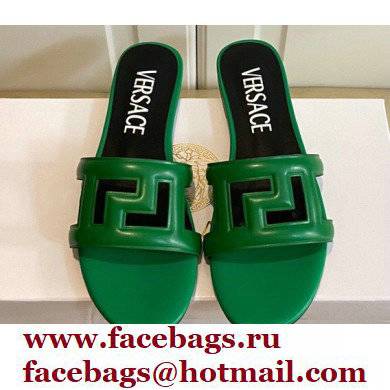 Versace Greca Maze Calfskin Flat Sandals Green 2022 - Click Image to Close