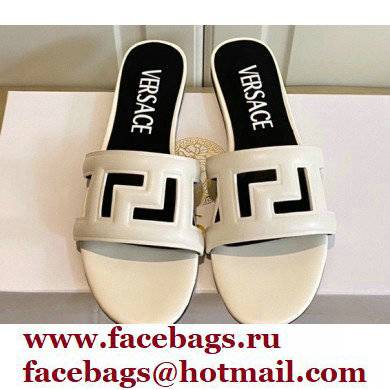 Versace Greca Maze Calfskin Flat Sandals White 2022 - Click Image to Close