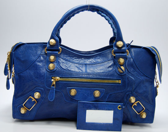 Balenciaga 084328B Blue Lambskin Giant City Bag Large Size