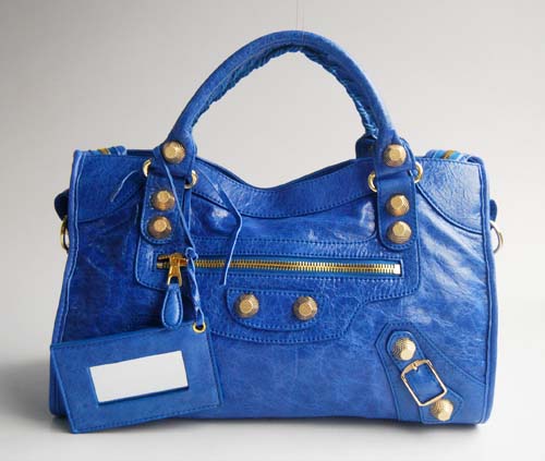 Balenciaga 084332B Blue Lambskin Giant City Bag Medium Size
